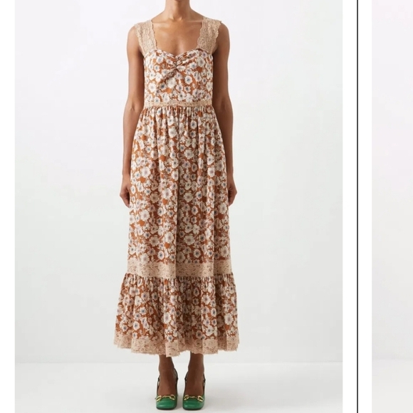Floral-Print Lace-Trimmed Cotton Twill Midi Dress in Brown Cottagecore Prarie M - Picture 2 of 13